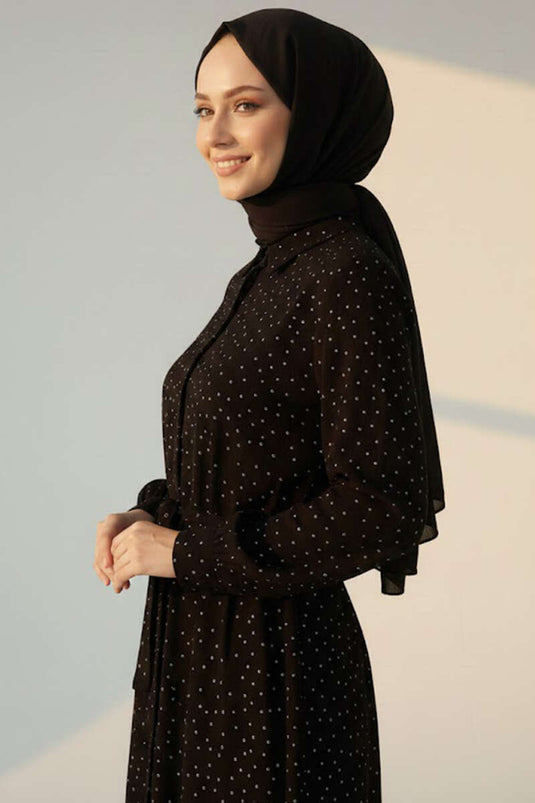 Mini Taş Detaylı Kuşaklı Gömlek Siyah