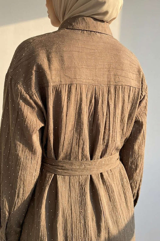 Mini Taş Detaylı Kuşaklı Gömlek Vizon