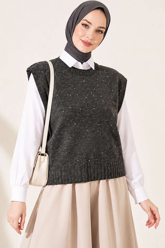 Pull En Maille Mini Orné Gris Fumé