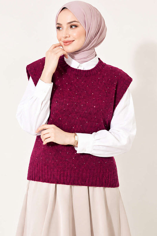 Mini Gestrickter Pullover Mit Steinchen In Magenta