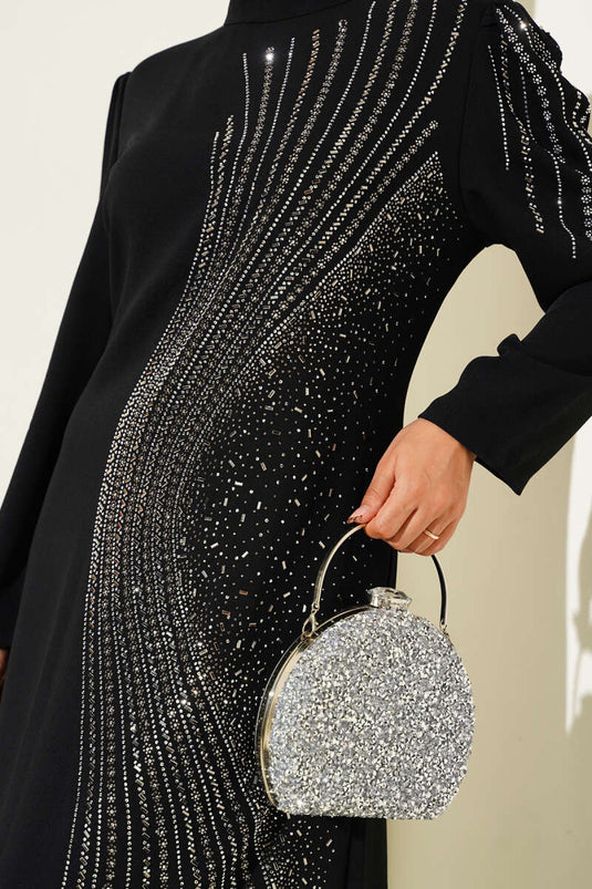 فستان سهرة قصير مزين بالأحجار باللون الأسود