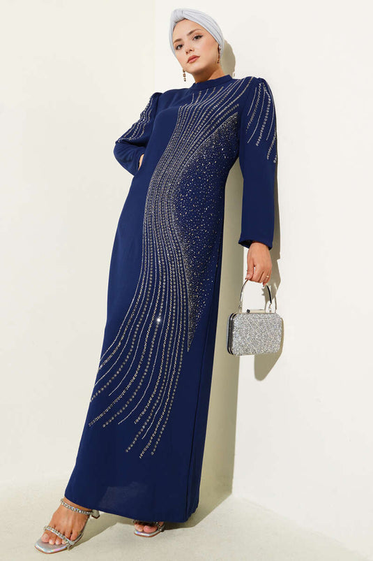 Mini avondjurk met versieringen, marineblauw