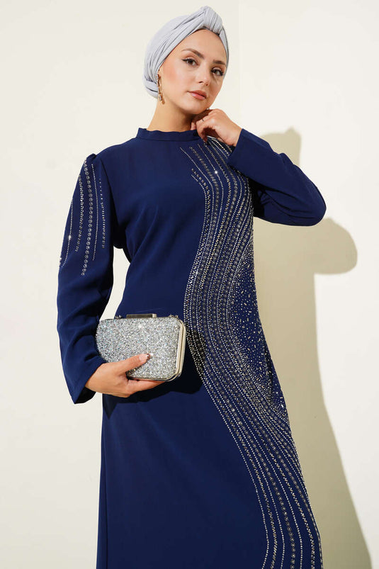 Mini Embellished Evening Dress, Navy Blue