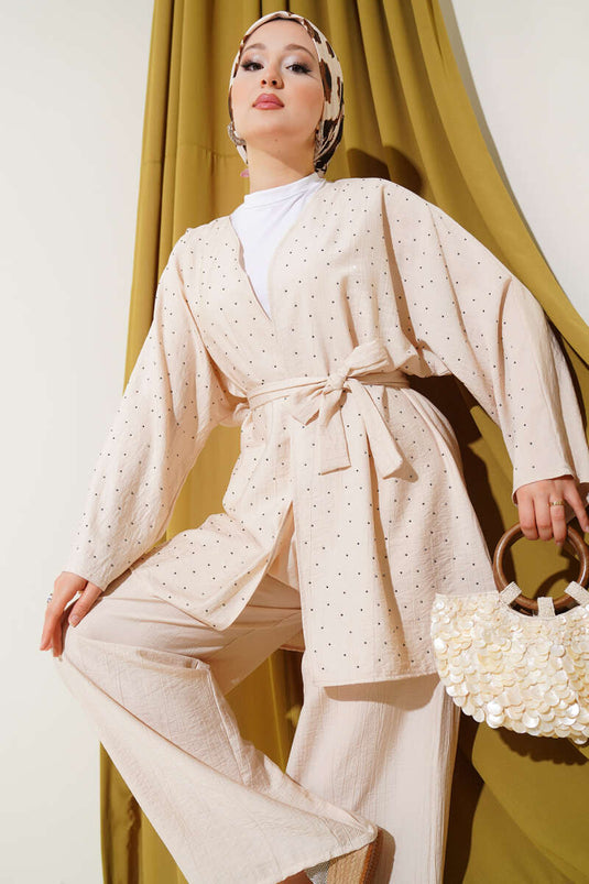 Mini Stone Embellished Kimono Two-Piece Set, Beige