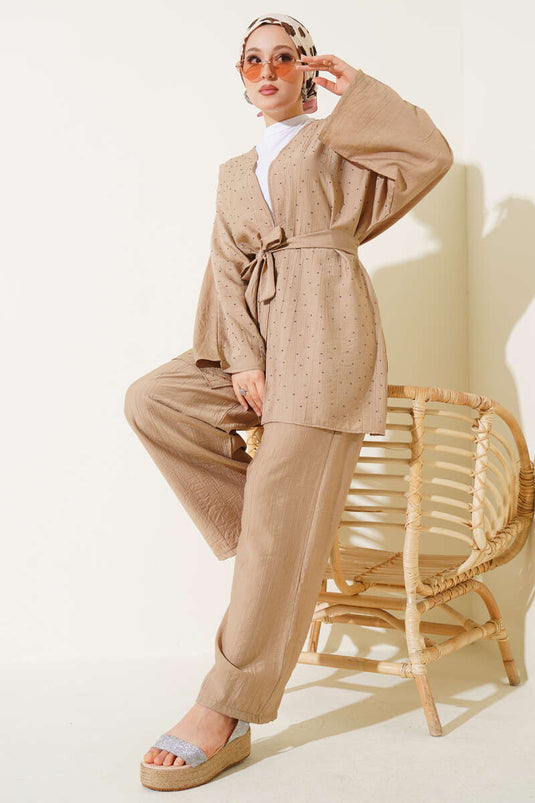 Mini Stone Embellished Kimono Two-Piece Set Latte