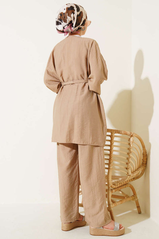 Mini Stone Embellished Kimono Two-Piece Set Latte