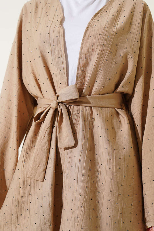 Mini Stone Embellished Kimono Two-Piece Set Latte