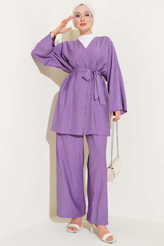 Mini Taş Süslemeli Kimono İkili Takım Lila