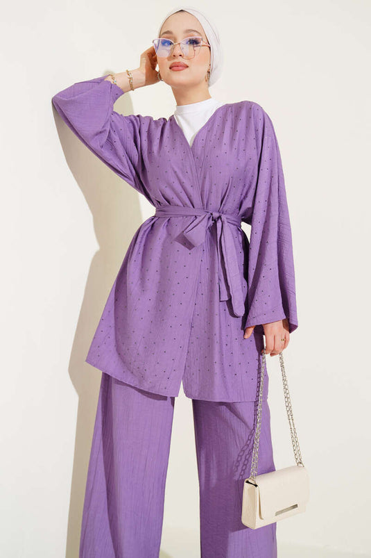 Mini Taş Süslemeli Kimono İkili Takım Lila