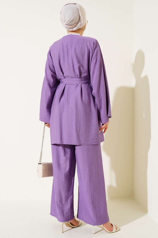 Mini Taş Süslemeli Kimono İkili Takım Lila