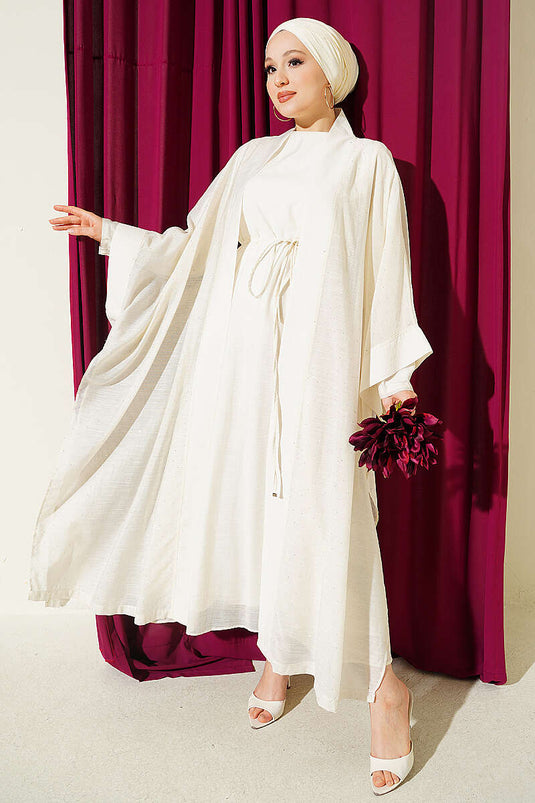 Mini Taşlı Abaya Takım Ekru