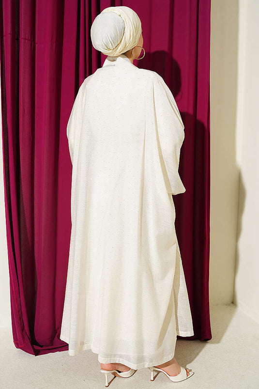 Mini Taşlı Abaya Takım Ekru