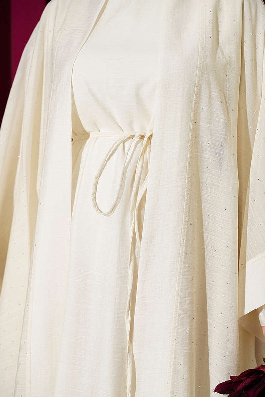 Mini Taşlı Abaya Takım Ekru