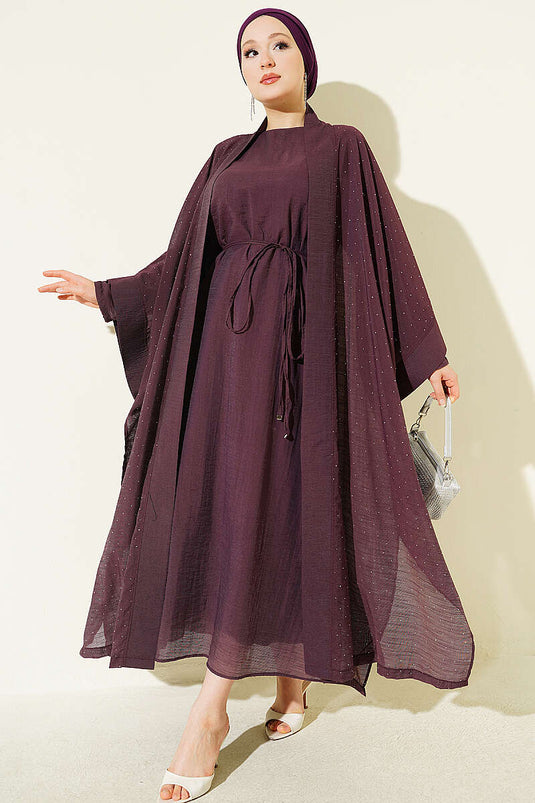 Mini Taşlı Abaya Takım Mürdüm