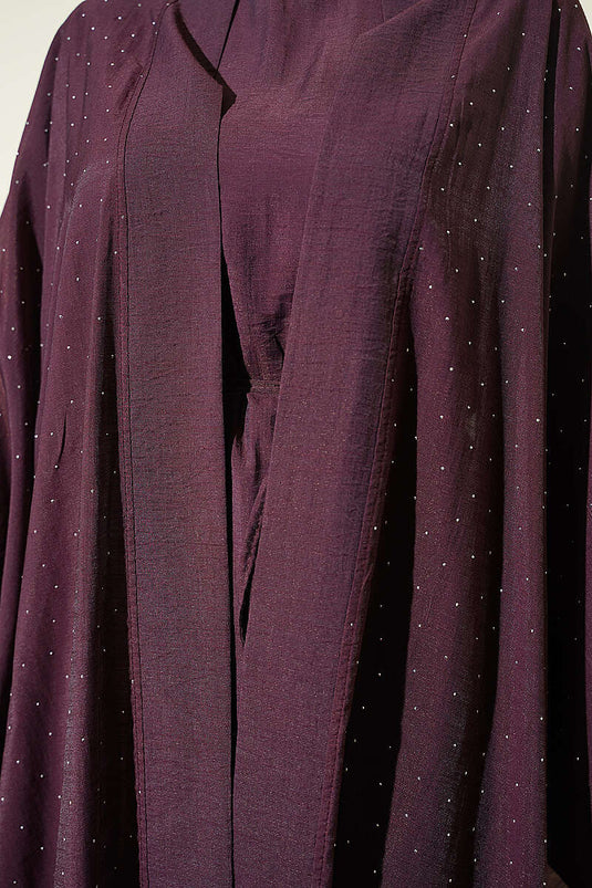 Mini Taşlı Abaya Takım Mürdüm
