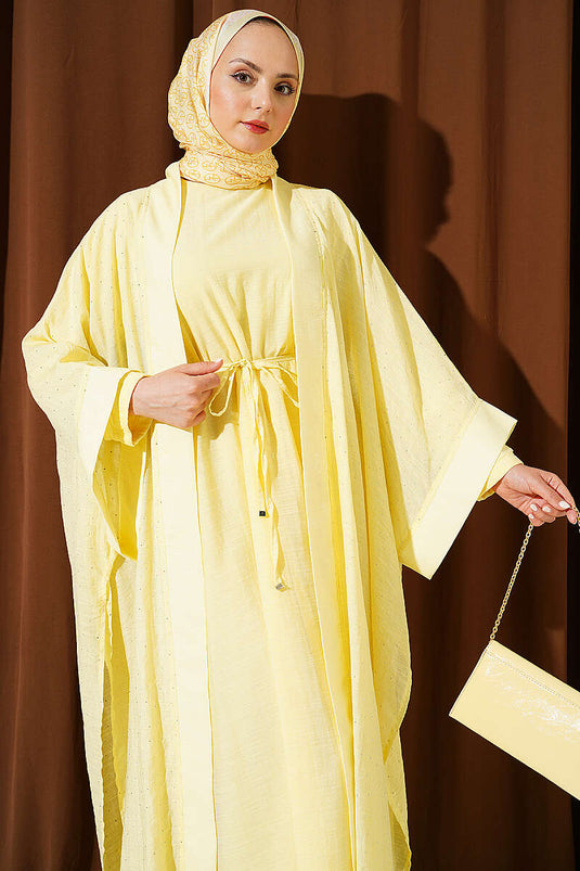 Ensemble Abaya Mini avec Pierres Jaune