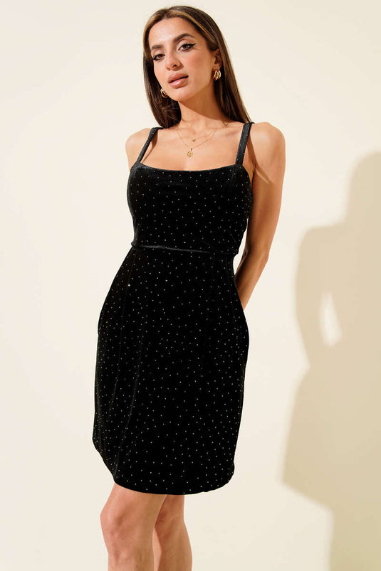 Mini Samtkleid mit Trägern und Steinbesatz Schwarz