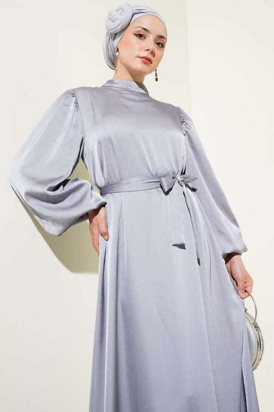 فستان ساتان بأكمام منفوخة حجرية صغيرة رمادي