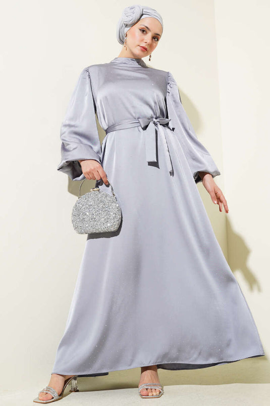 Mini Stone Balloon Sleeve Satin Dress Gray