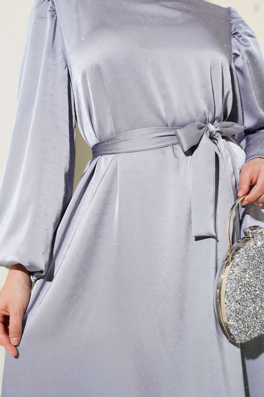 Mini Stone Balloon Sleeve Satin Dress Gray