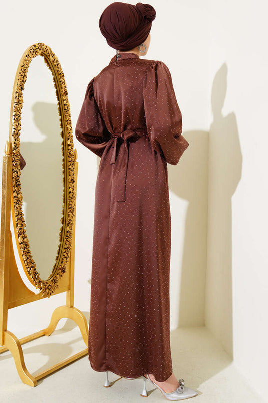 Mini Satin Dress with Balloon Sleeves and Stones, Coffee