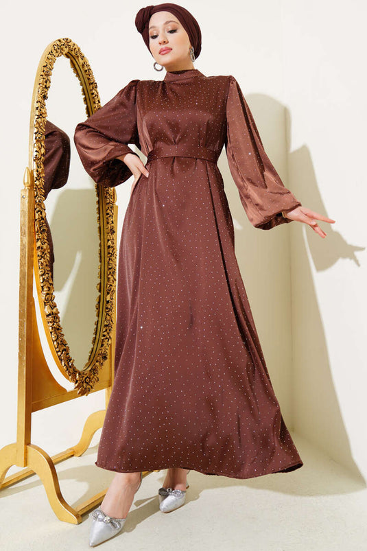Mini Satin Dress with Balloon Sleeves and Stones, Coffee