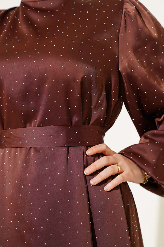 Mini Satin Dress with Balloon Sleeves and Stones, Coffee