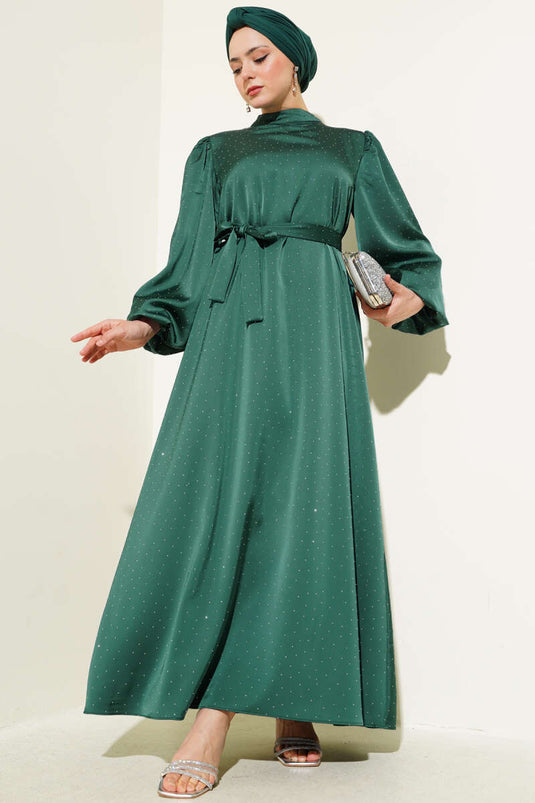Mini Stone Balloon Sleeve Satin Dress Emerald