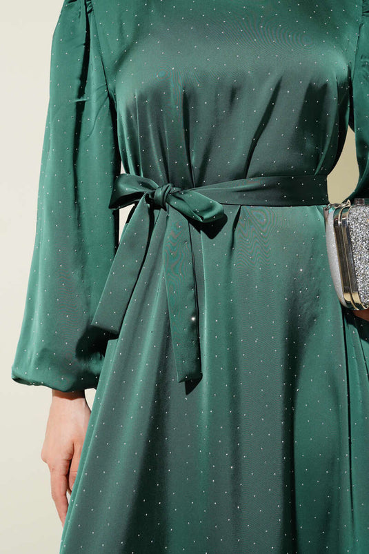 Mini Stone Balloon Sleeve Satin Dress Emerald