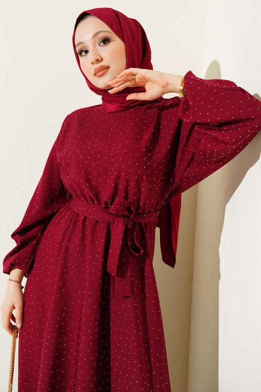 Mini Dress with Elastic Waist and Stones, Burgundy