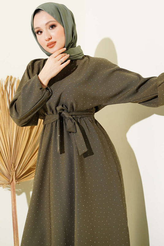 Mini Dress with Elastic Waist and Stones, Khaki