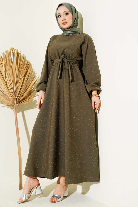 Mini Dress with Elastic Waist and Stones, Khaki