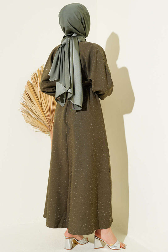 Mini Dress with Elastic Waist and Stones, Khaki