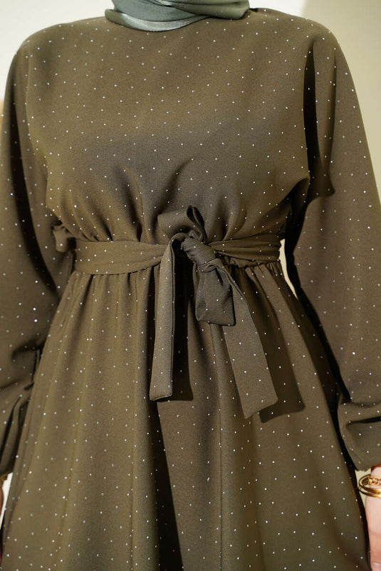 Mini Dress with Elastic Waist and Stones, Khaki