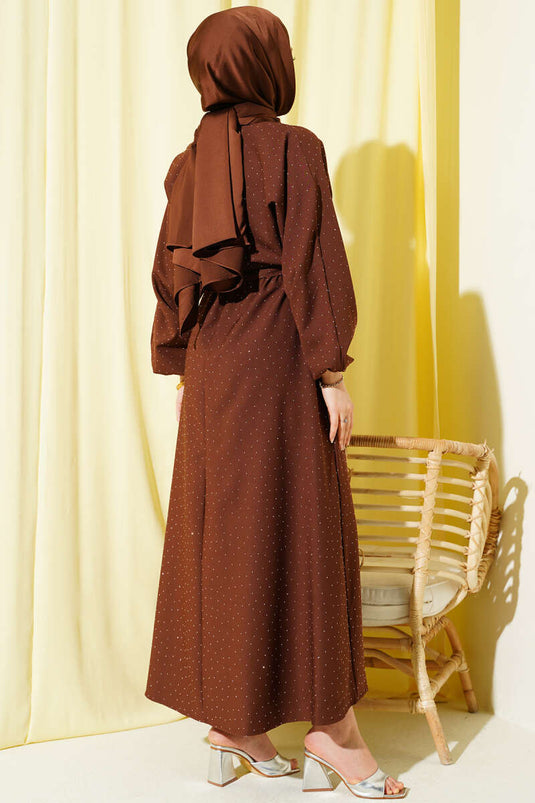 Mini Dress with Elastic Waist and Stones Brown