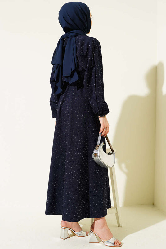 Mini Dress with Elastic Waist and Stones, Navy Blue