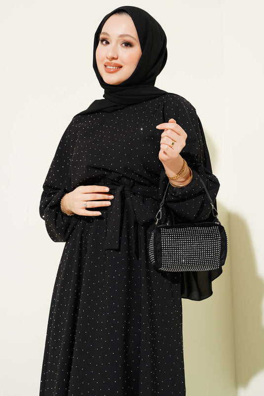 Mini Dress with Elastic Waist and Stones Black