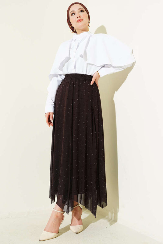 Mini Skirt with Stones and Elastic Waist, Brown