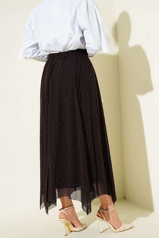 Mini Skirt with Stones and Elastic Waist, Brown