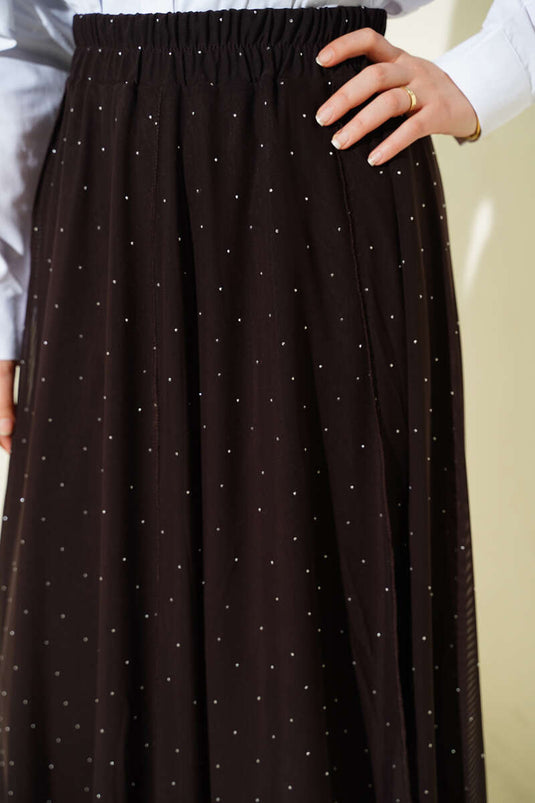 Mini Skirt with Stones and Elastic Waist, Brown
