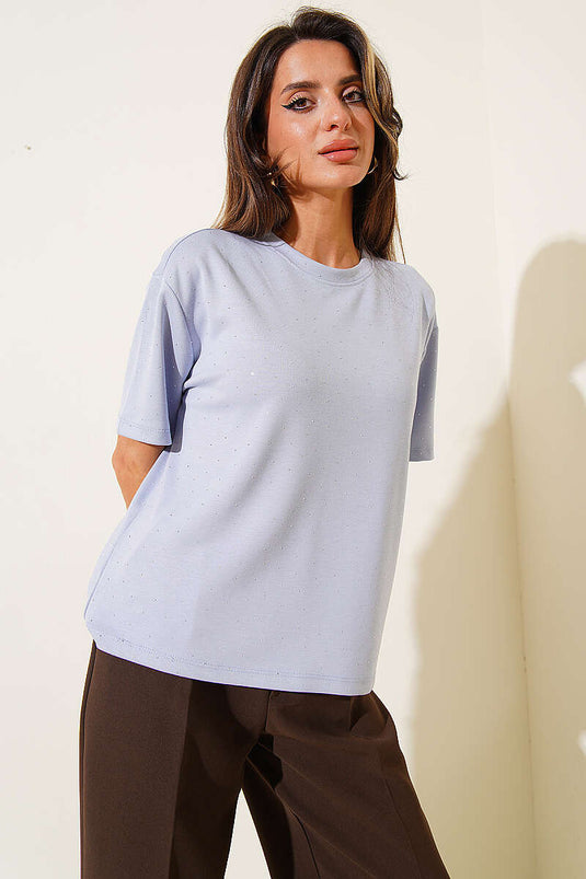 Mini Stone-Embellished Crew Neck T-shirt Ice Blue