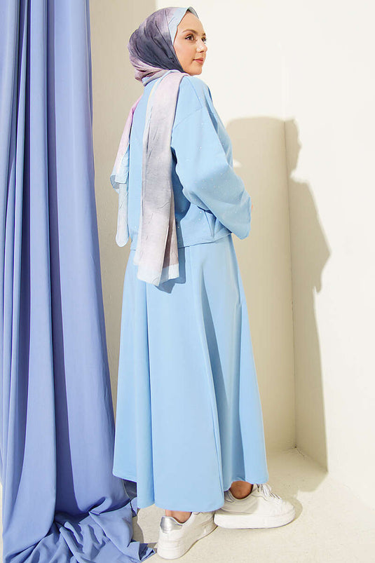 Mini Stone-Embellished Blouse and Skirt Loyşa Two-Piece Set Baby Blue