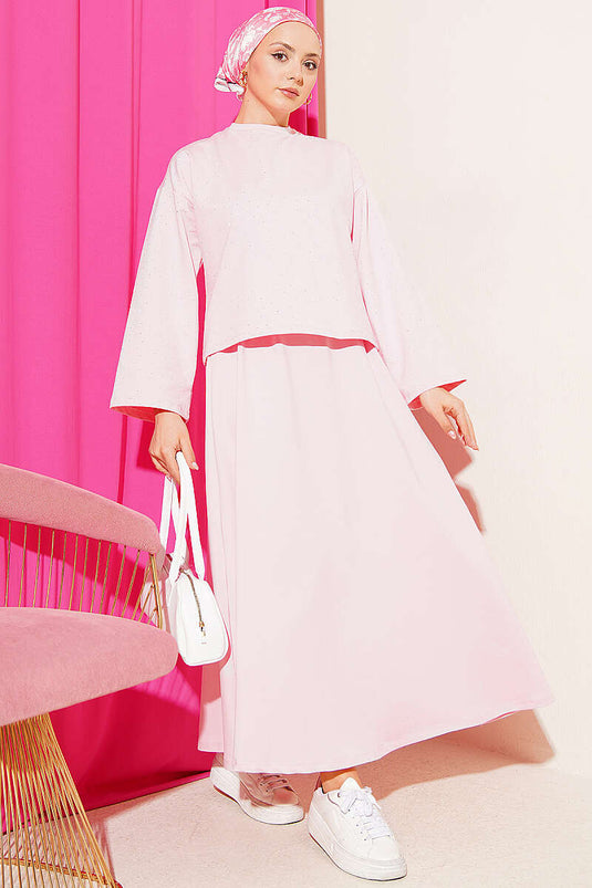 Mini Stone-Embellished Blouse and Skirt Loyşa Two-Piece Set Pink