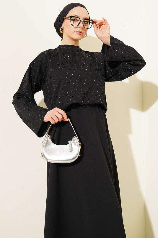 Mini Stone-Embellished Blouse and Skirt Set Loyşa Black