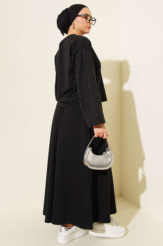 Mini Stone-Embellished Blouse and Skirt Set Loyşa Black