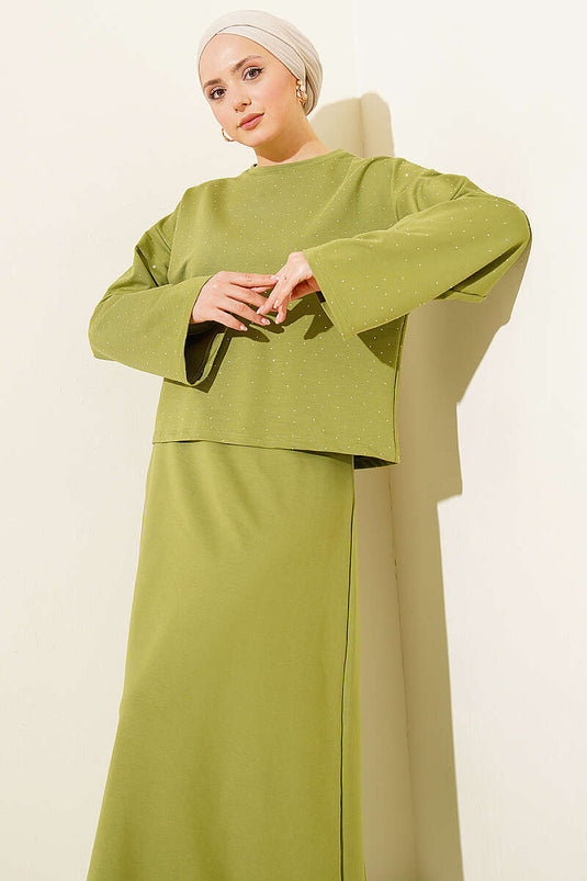 Mini Stone-Embellished Blouse and Skirt Loyşa Two-Piece Set Green
