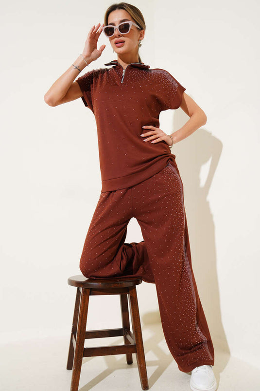 طقم ميني ستونيد من قطعتين بسحاب وأكمام قصيرة، لون بني