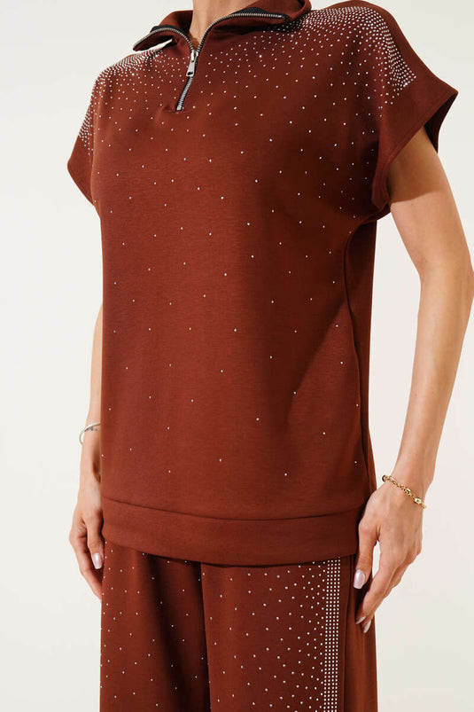 Mini Taşlı Fermuarlı Kısa Kol İkili Takım Kahve