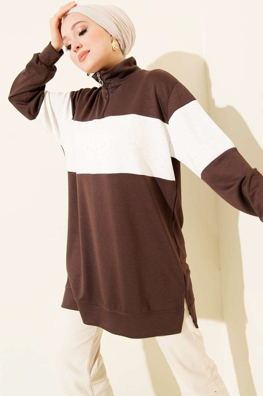 Mini Stone-Embellished Zippered Tunic Bitter Coffee