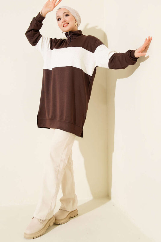 تونيك صغير مزين بالأحجار مع سحاب بلون القهوة الداكن